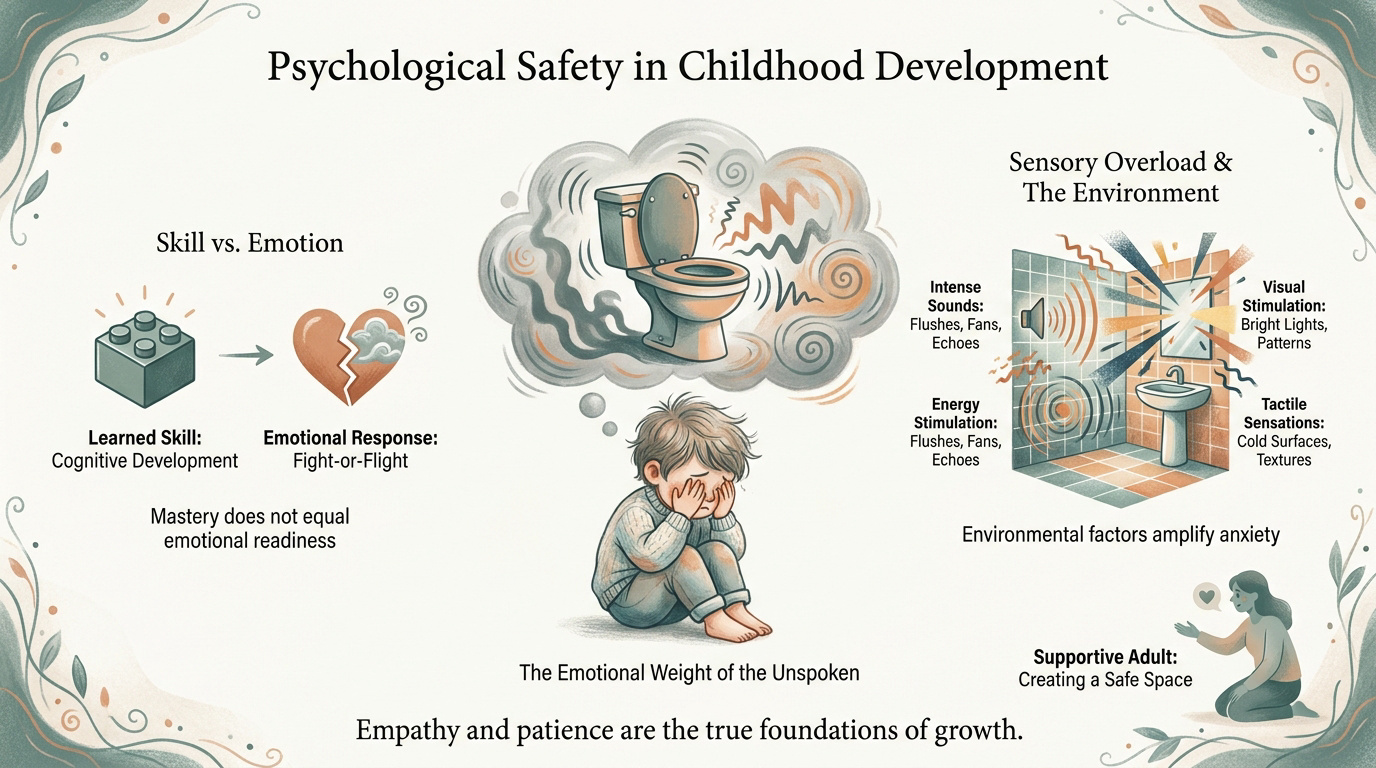 The Big No 1 Child feeling anxious in a bathroom setting illustrating sensory overload