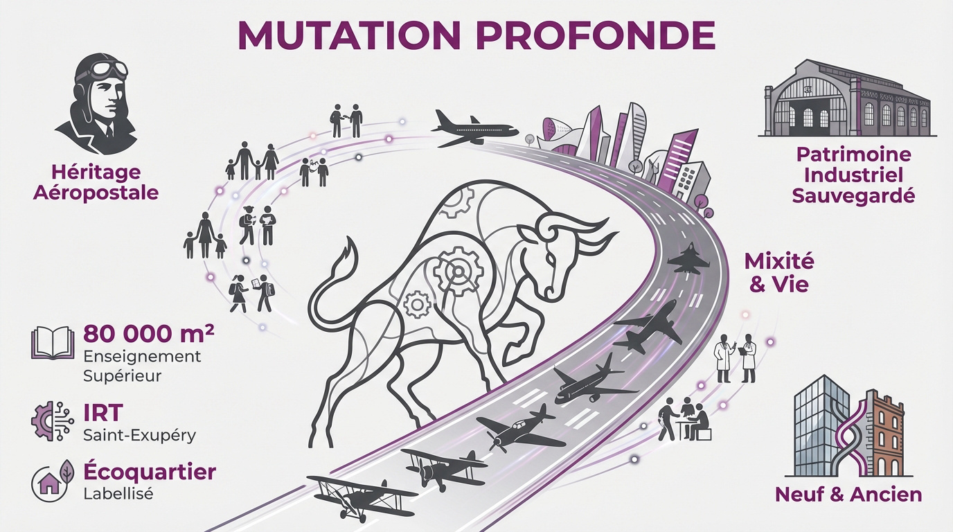Vue aérienne de la mutation urbaine et aéronautique du quartier Montaudran à Toulouse