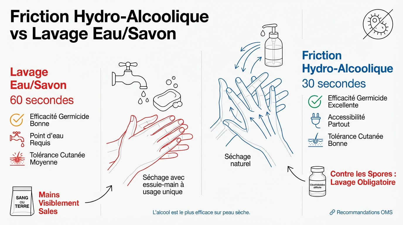 Comparaison visuelle entre la friction hydro-alcoolique et le lavage des mains à l'eau et au savon