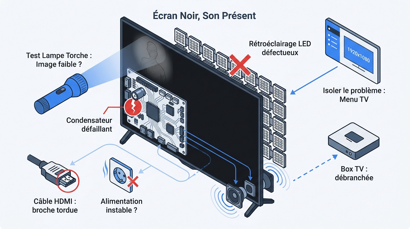 Diagnostic d'un téléviseur avec écran noir et son fonctionnel utilisant une lampe torche