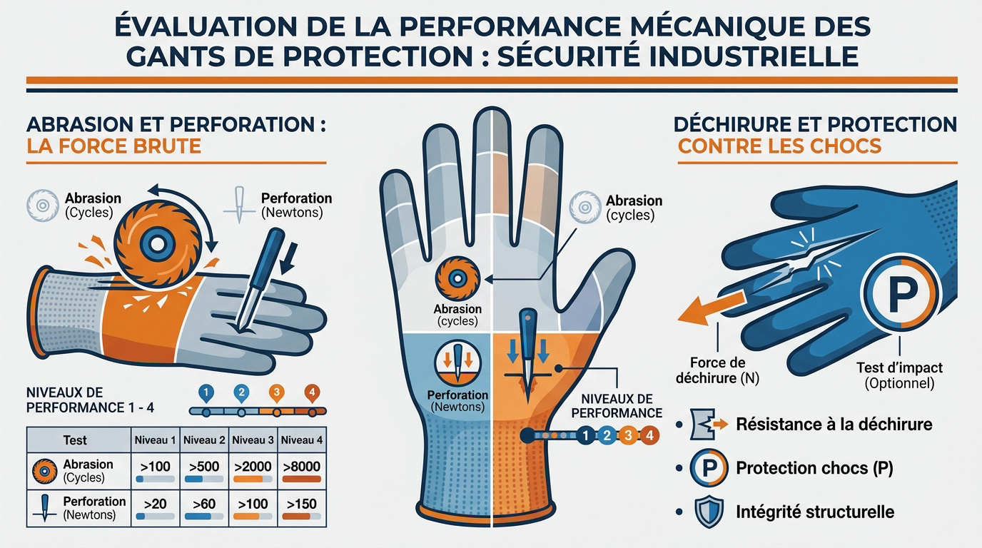 Schéma des tests de performance mécanique pour les gants de protection norme EN 388