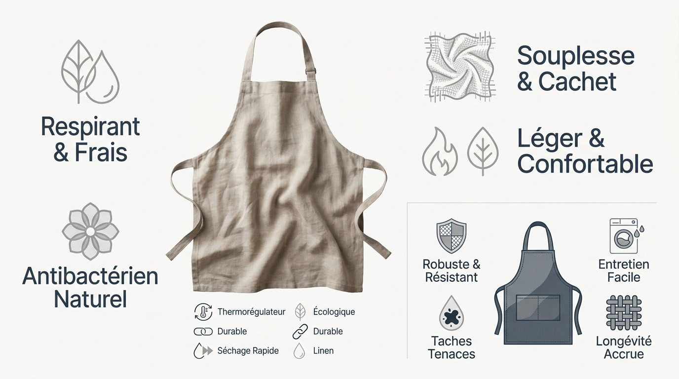 Infographie comparative des propriétés textiles du lin et du coton pour tabliers japonais