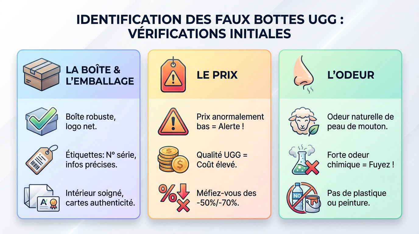 Comparaison visuelle pour reconnaître une fausse paire de bottes UGG : boîte, étiquette et matériaux