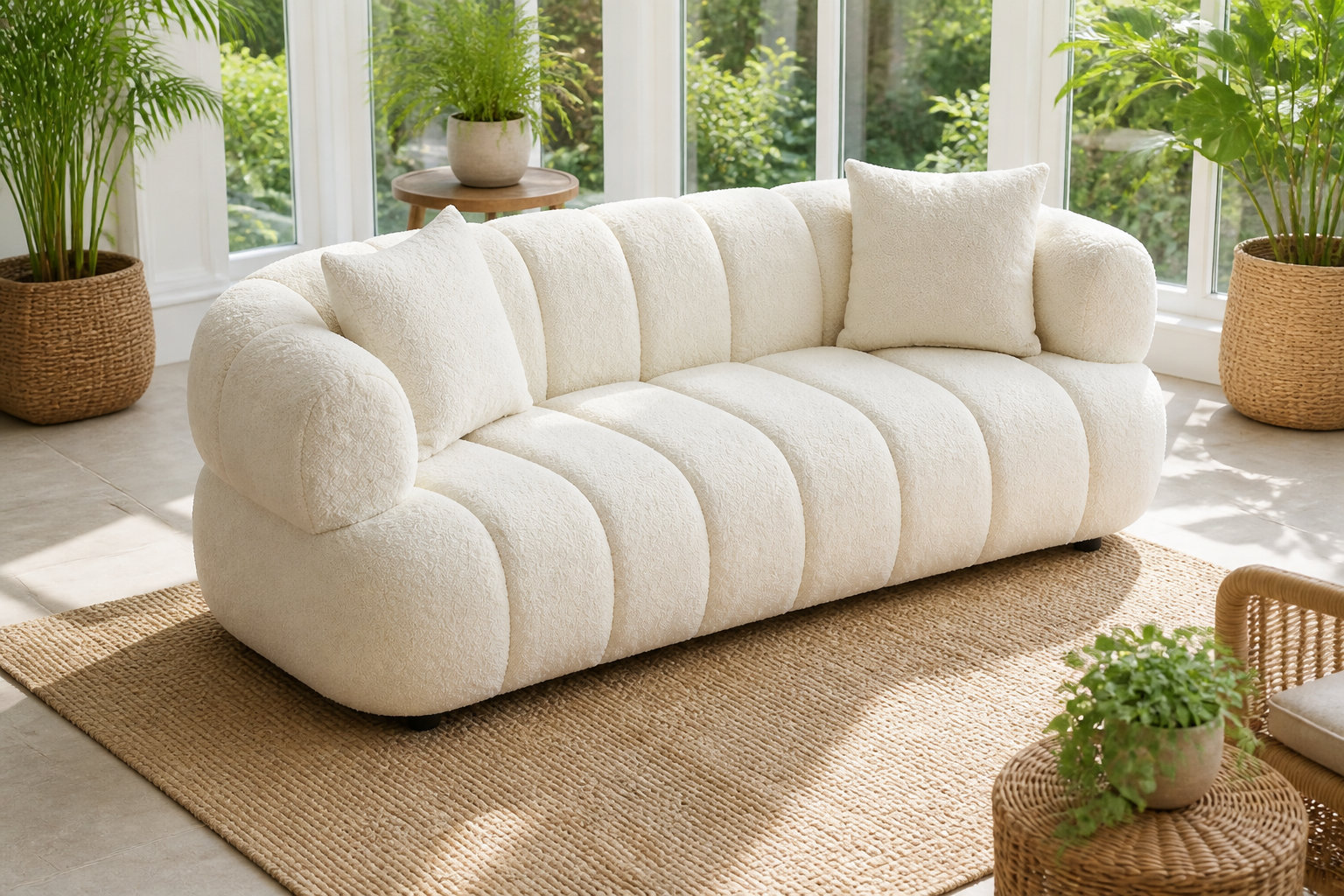 Canapé arrondi 3 places en tissu bouclette blanc cassé - COLIANI