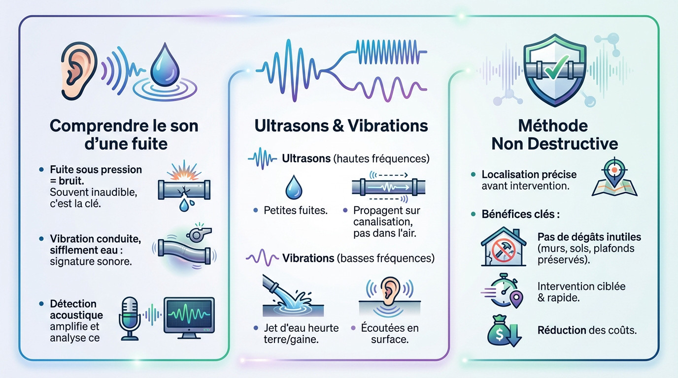 Infographie expliquant le fonctionnement de la détection acoustique des fuites d'eau