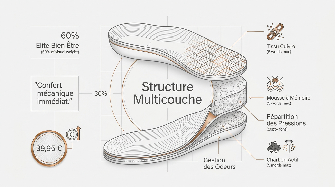 Infographie détaillée de la structure des semelles Elite Bien Être avec cuivre et charbon actif