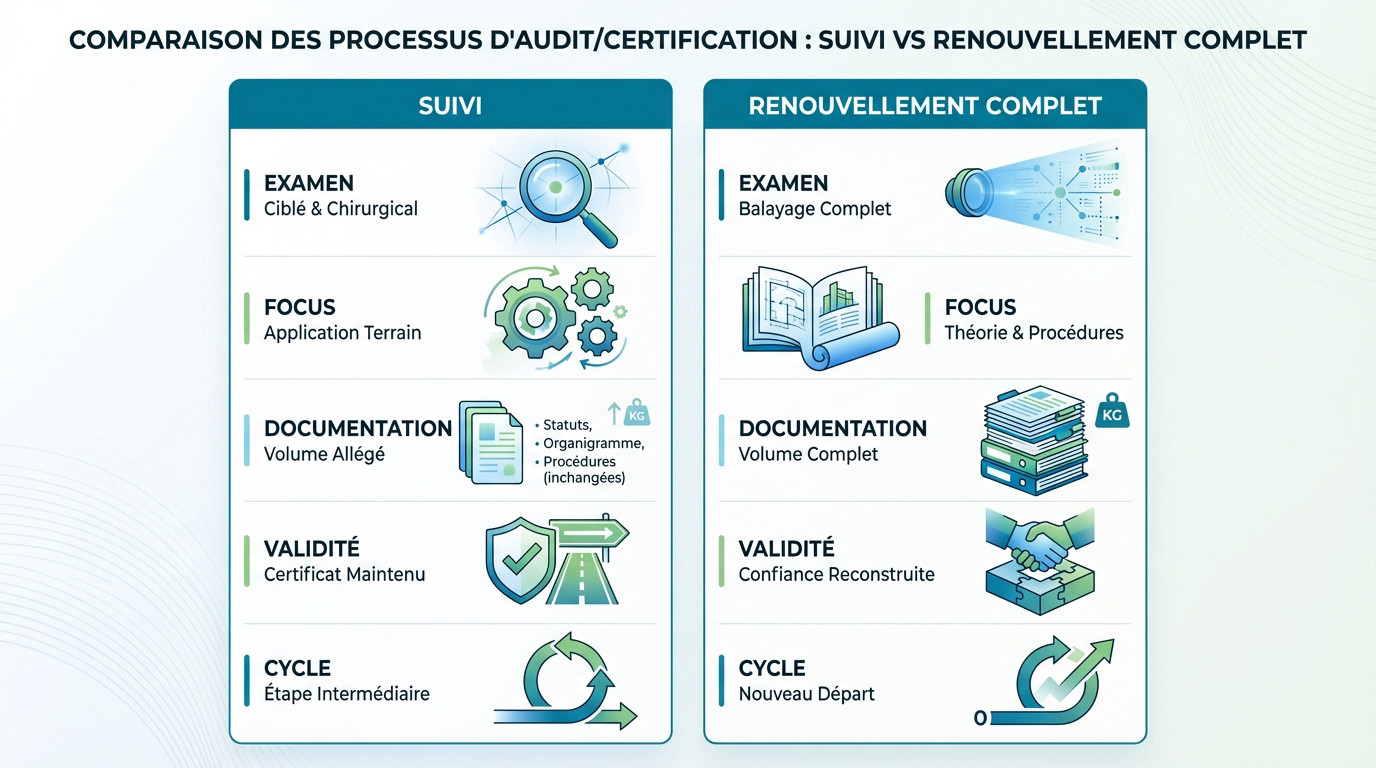 Comparaison entre un audit de suivi intermédiaire et un renouvellement de certification MASE sur 3 ans