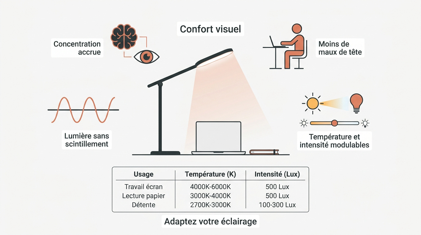 Éclairage de bureau LED optimisé pour le confort visuel et la réduction de la fatigue oculaire