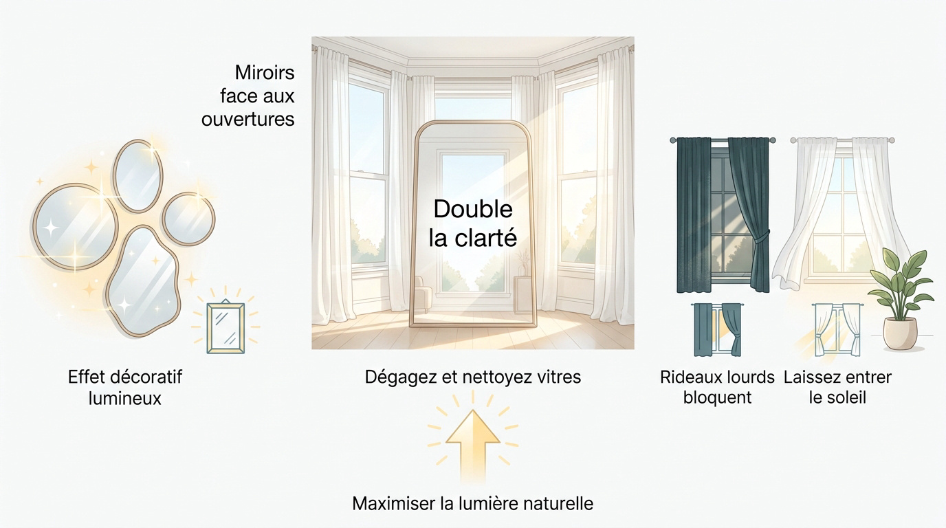 Salon lumineux avec miroirs et <strong>voilages légers</strong> pour optimiser la clarté naturelle