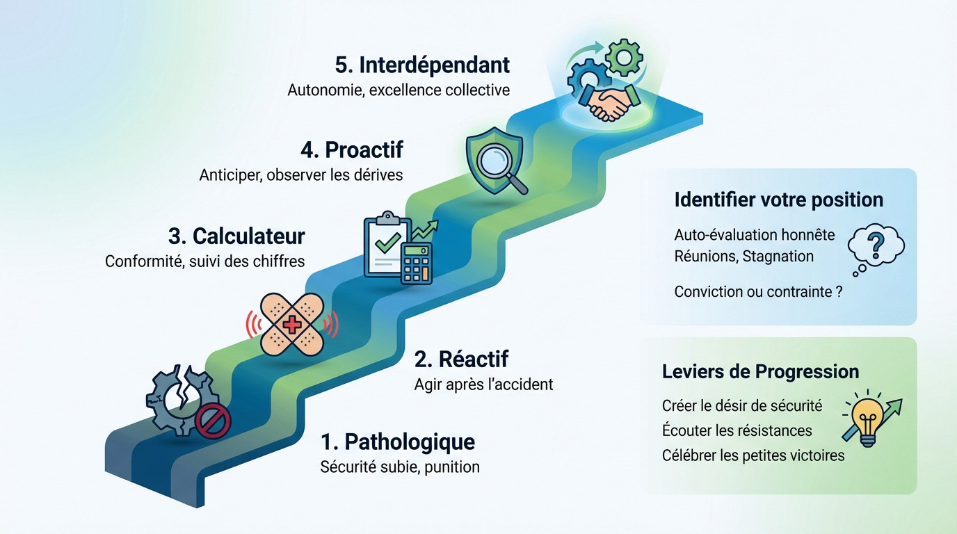 Graphique illustrant les 5 niveaux de maturité de la culture sécurité en entreprise, du stade pathologique au stade interdépendant