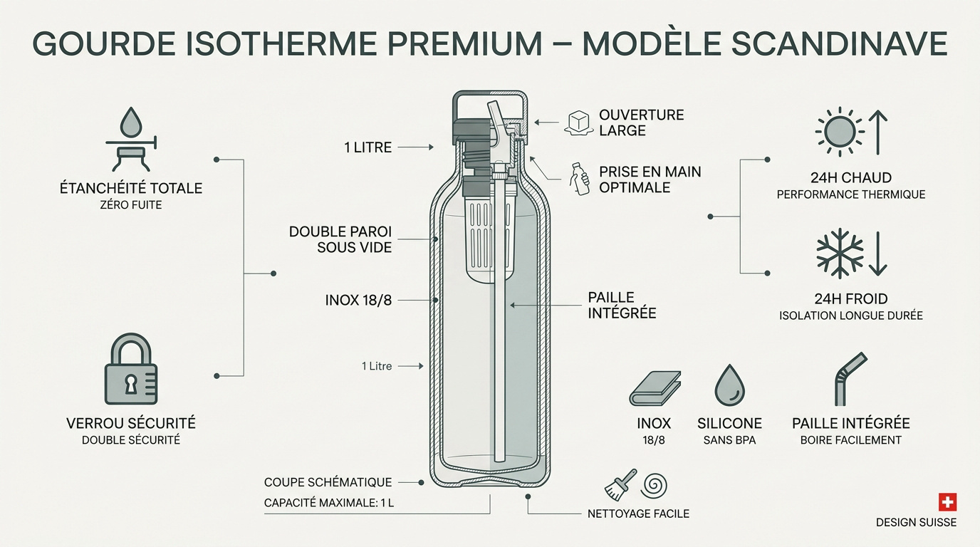 Gourde isotherme 1l avec paille design scandinave premium