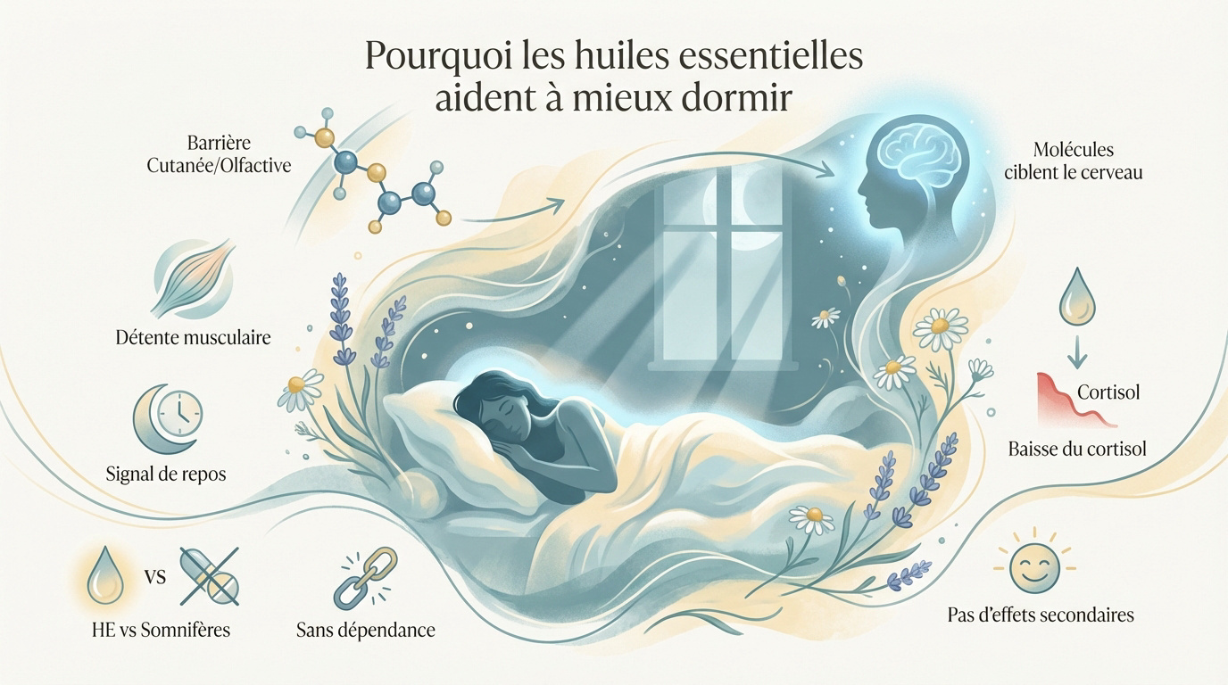 Flacons d'huiles essentielles et fleurs de lavande pour favoriser le sommeil