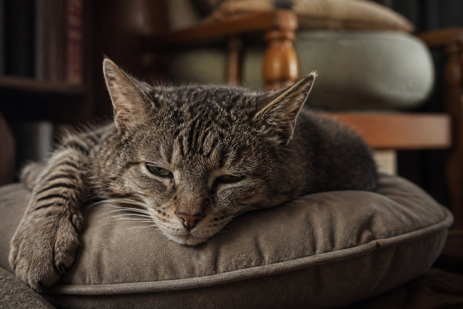 Chat tigré senior fatigué au repos sur un coussin gris