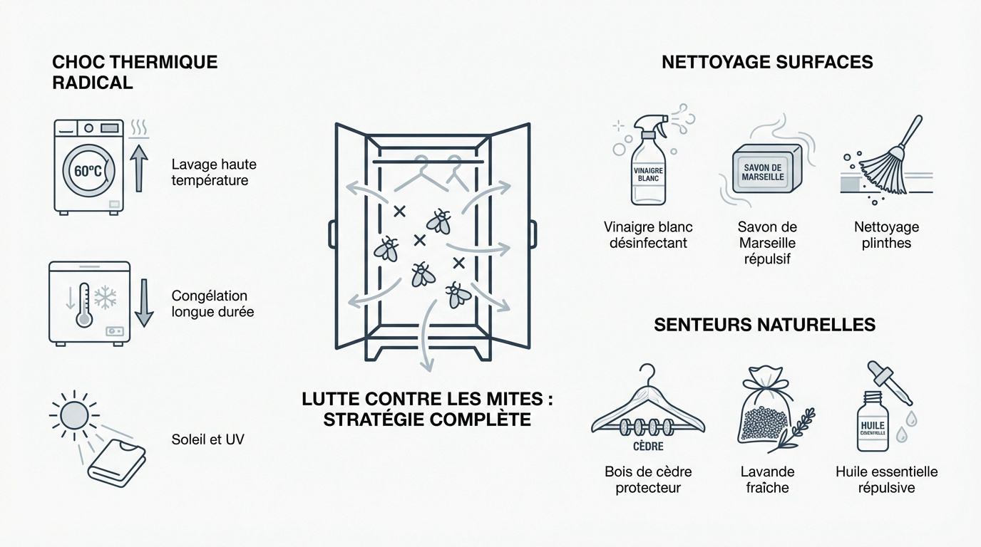 Infographie pr&eacute;sentant les m&eacute;thodes naturelles et thermiques pour &eacute;liminer les mites vestimentaires