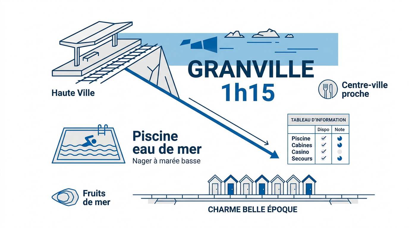 Vue panoramique de la promenade du Plat Gousset à Granville avec ses cabines de plage et sa piscine d'eau de mer