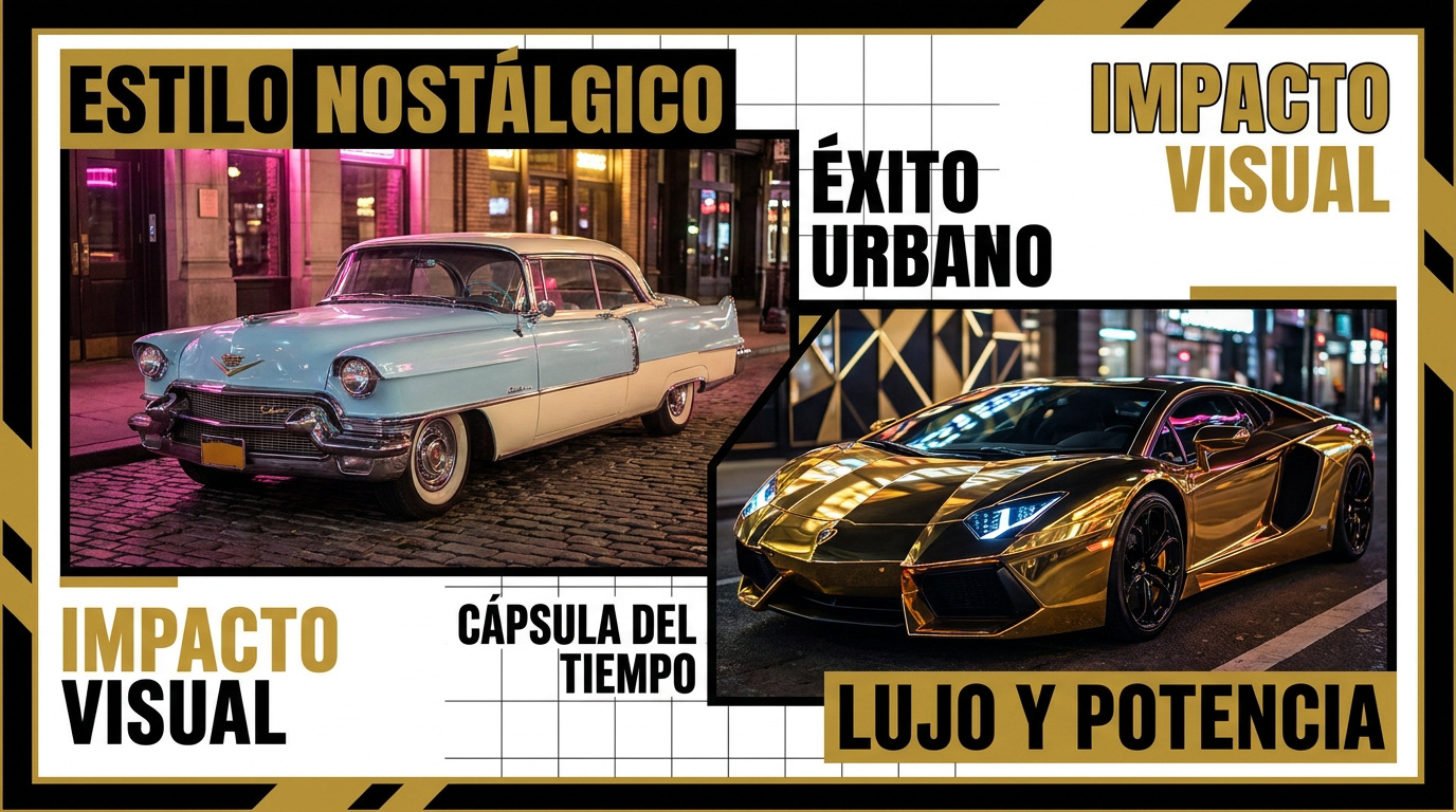 Alquiler de coches para videoclips: estética y legalidad 1 Contraste entre coche clásico vintage y superdeportivo moderno en un set de rodaje