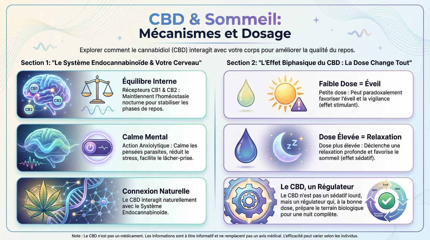 Schéma explicatif de l'action du CBD sur les récepteurs du sommeil et le système endocannabinoïde