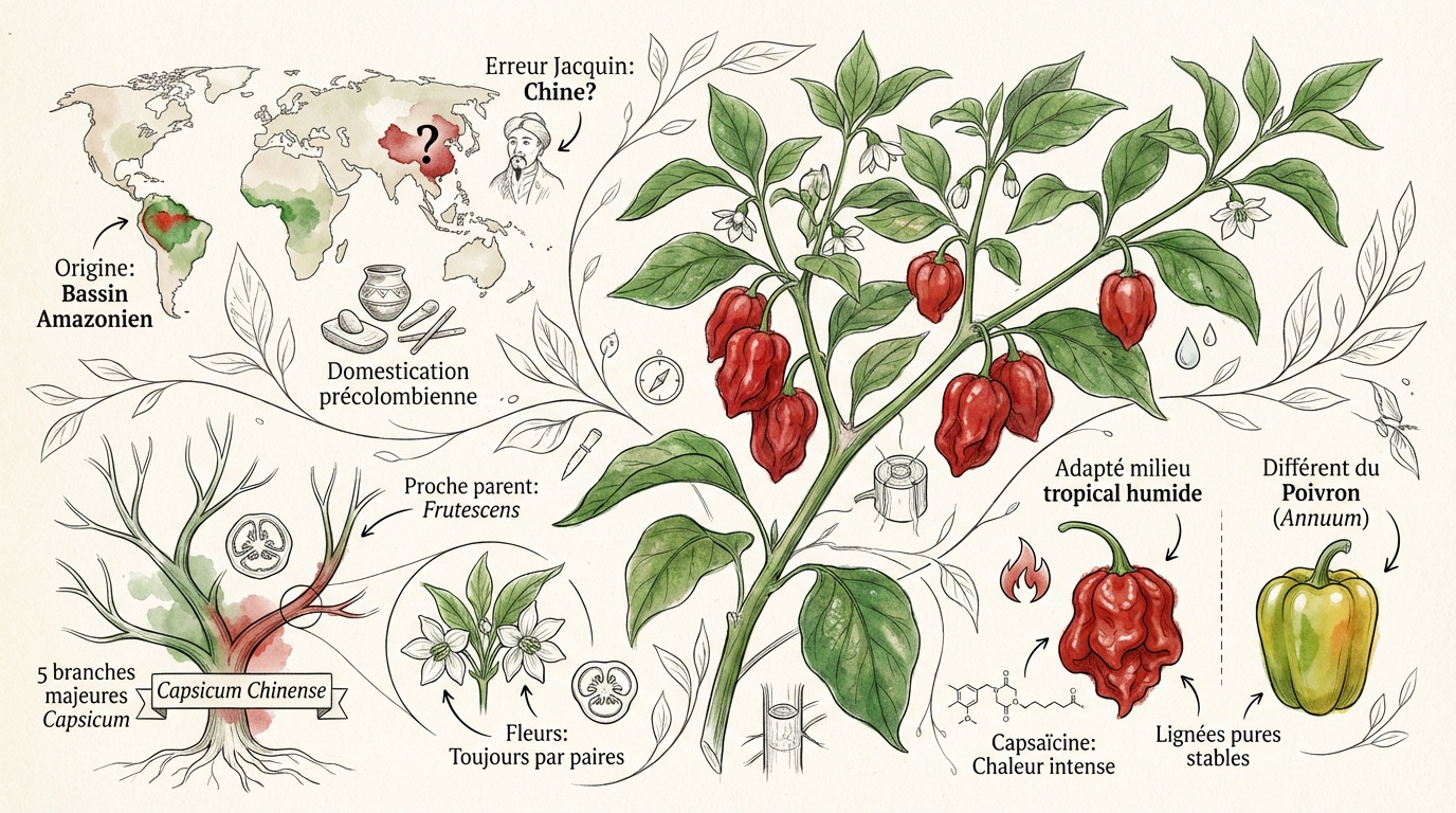 Plant de Capsicum chinense montrant ses fleurs et ses fruits caractéristiques