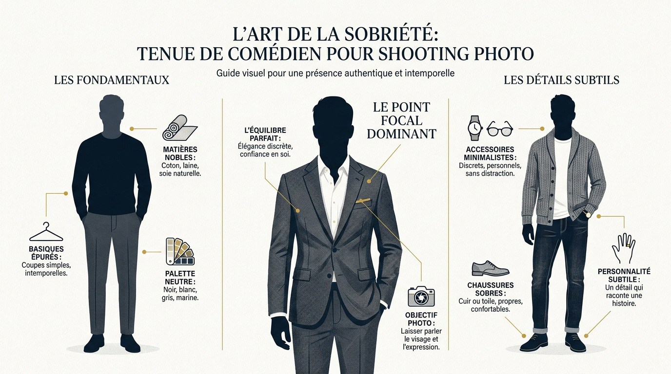 Comédien portant une tenue sobre et sombre pour un shooting photo professionnel mettant en valeur son regard
