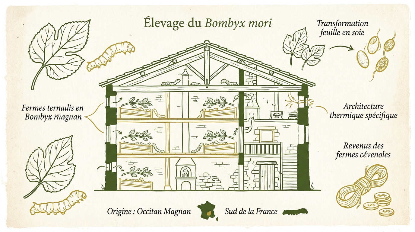 Diagramme architectural d'une magnanerie traditionnelle et cycle d'élevage du Bombyx mori