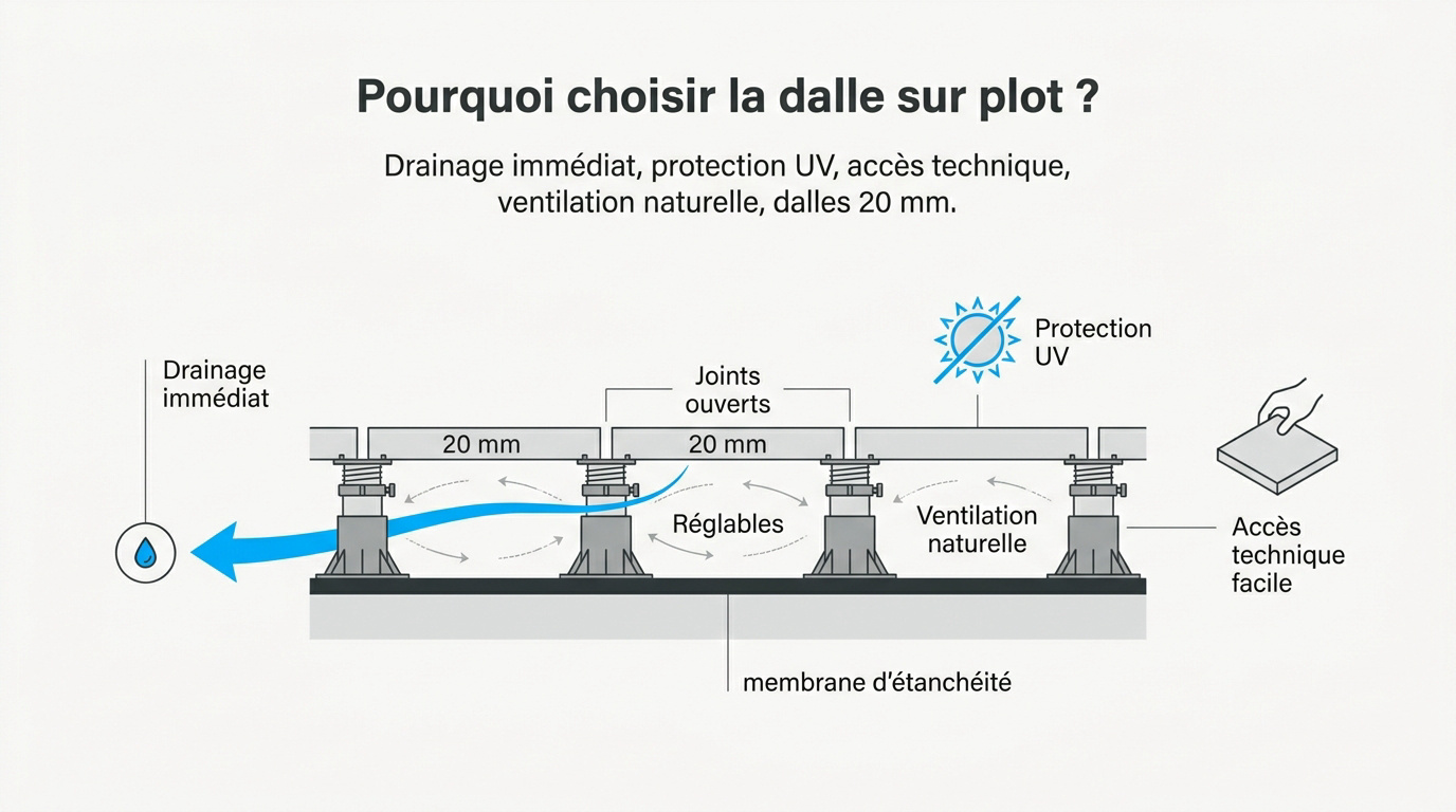Installation de dalles sur plots pour l'étanchéité d'un toit-terrasse moderne