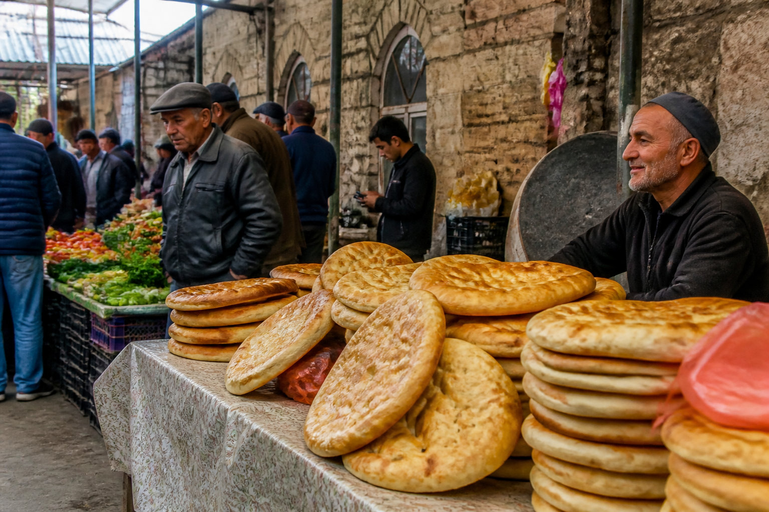 Marché daghestanais avec un vendeur de pain traditionnel