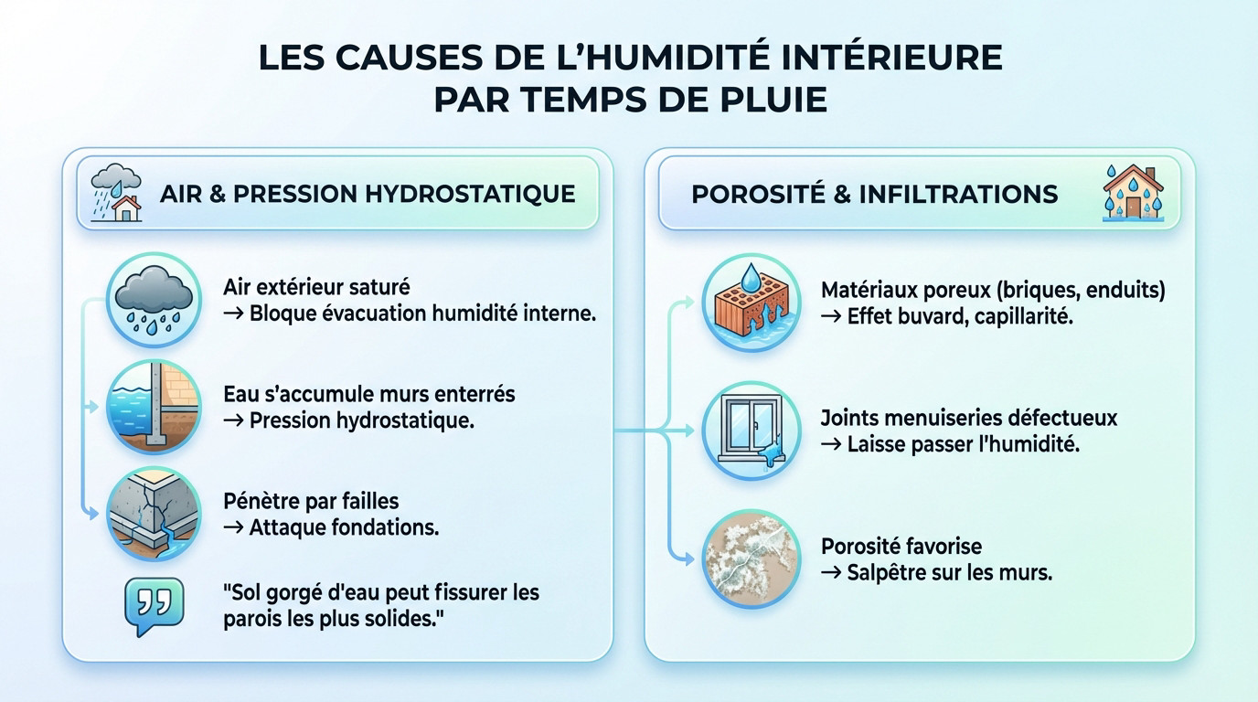 Schéma illustrant la pression hydrostatique et l'infiltration d'eau de pluie dans une maison