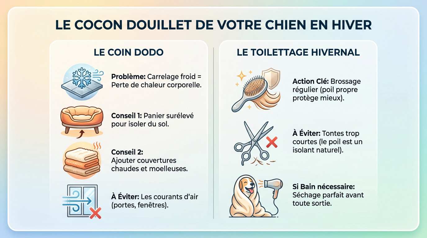 Chien dormant confortablement dans un panier isolé du sol avec des couvertures chaudes