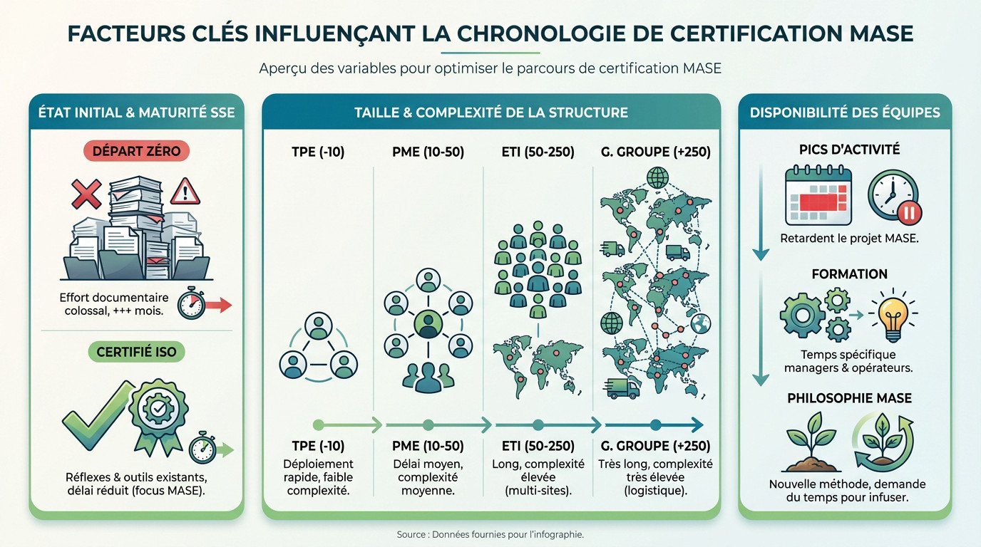 Schéma des facteurs clés influençant la durée de la certification MASE