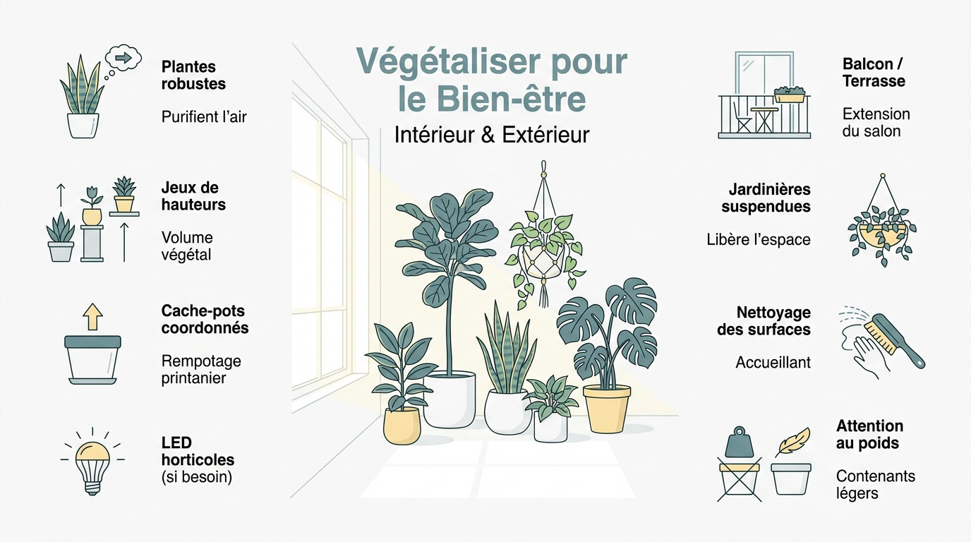 Aménagement de plantes vertes et fleurs sur un balcon ensoleillé