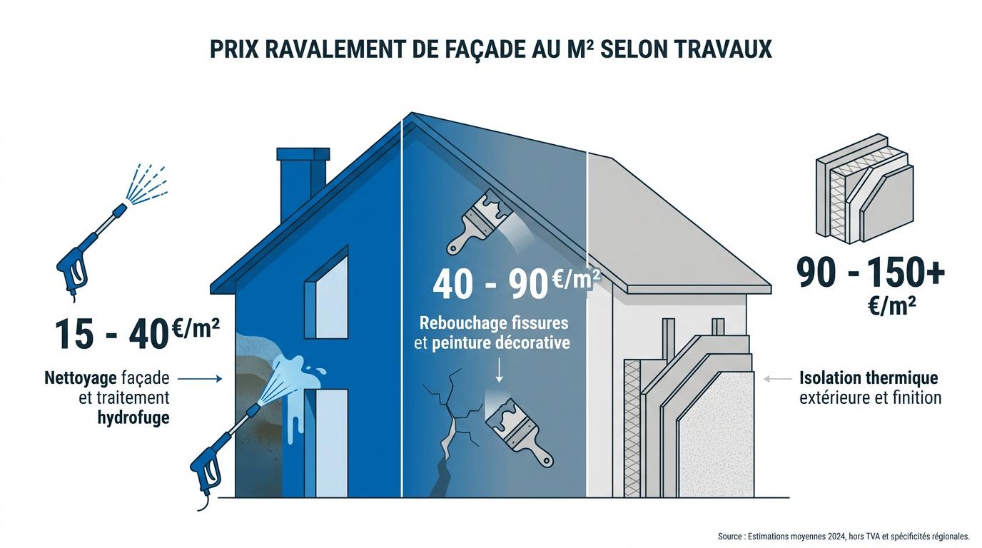Tableau comparatif des prix de ravalement de façade au mètre carré selon le type de travaux