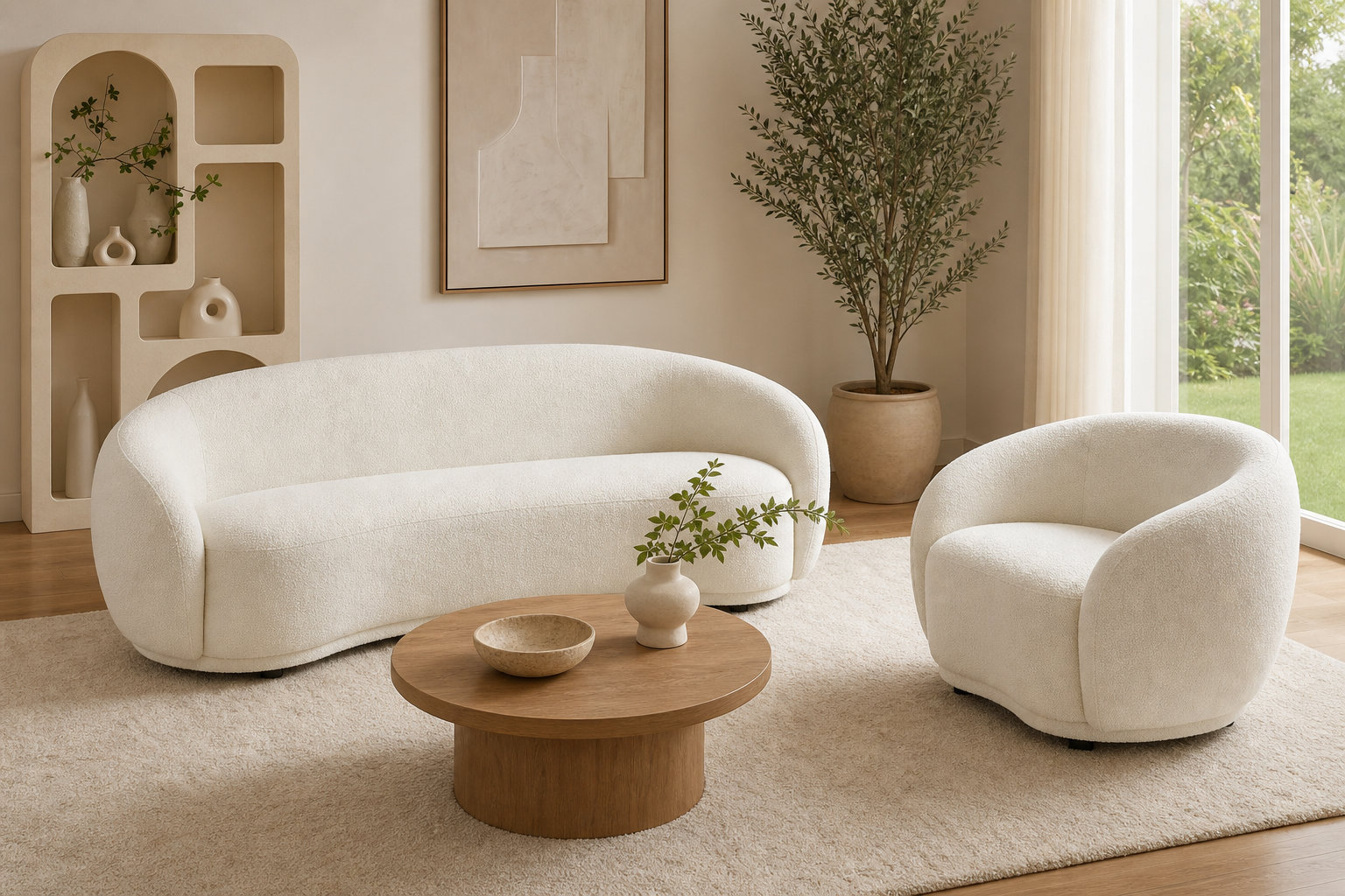Ensemble canapé arrondi 3 places et fauteuil arrondi blanc ivoire - BOVANA