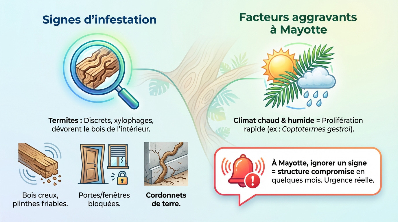 Dégâts causés par les termites sur une structure en bois à Mayotte
