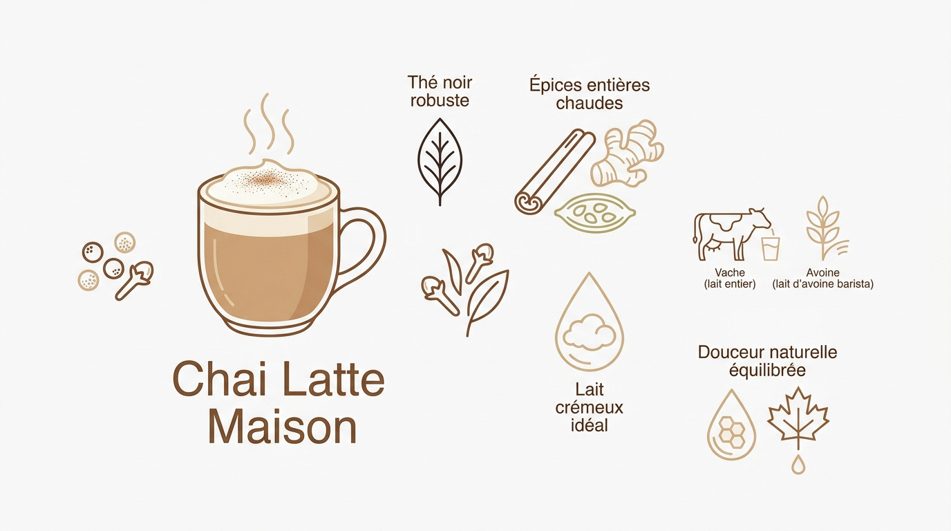 Infographie présentant les ingrédients essentiels et les étapes de préparation d'un chai latte maison traditionnel