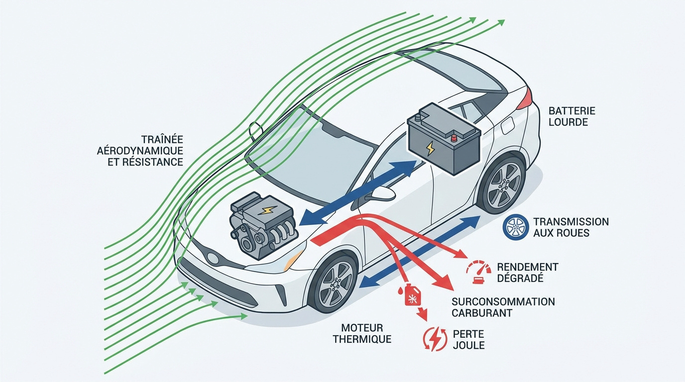 Analyse des forces de résistance et des pertes énergétiques sur autoroute pour un véhicule hybride