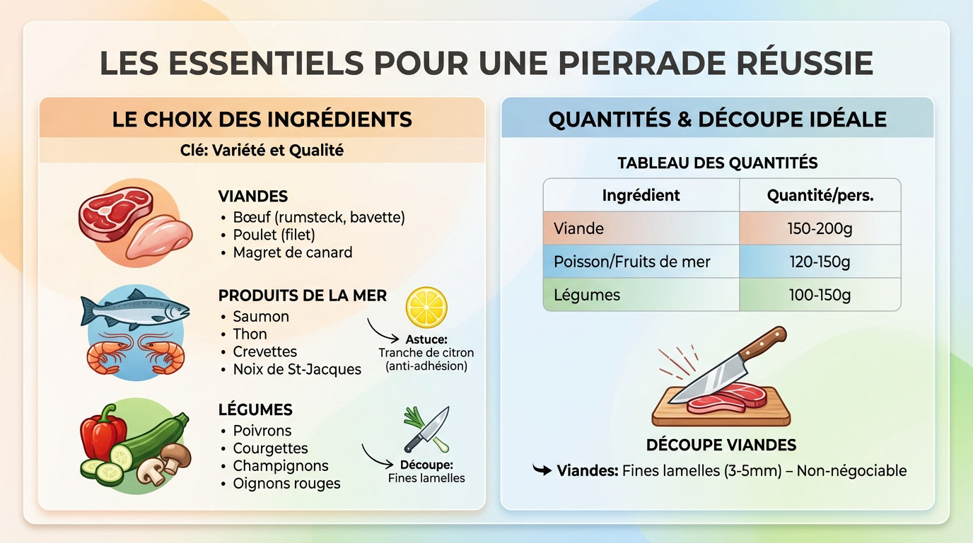 Ingrédients frais et découpés prêts pour une pierrade conviviale