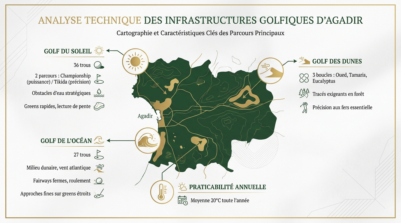 Vue aérienne technique des parcours de golf à Agadir entre dunes et océan