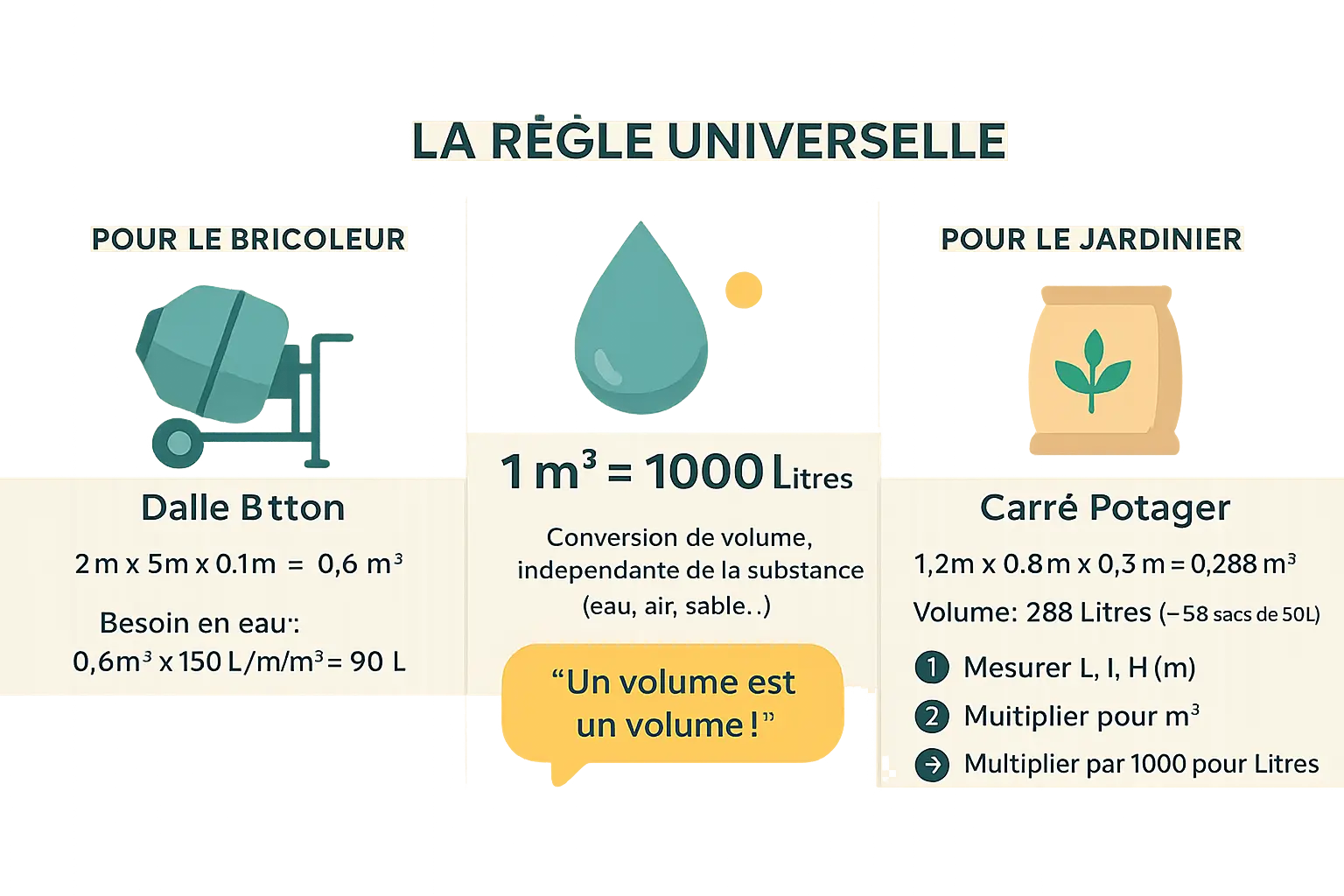 Illustration de <strong>conversions pratiques entre litres et mètres cubes</strong> dans des contextes de bricolage et jardinage