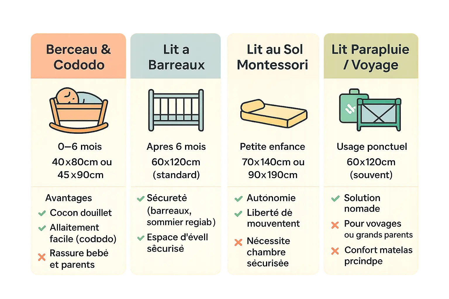 Illustration des différents types de lits pour bébés par âge