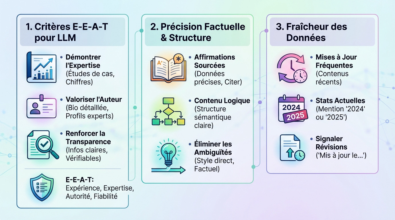 Infographie présentant les 3 leviers pour devenir une source de référence pour l'intelligence artificielle