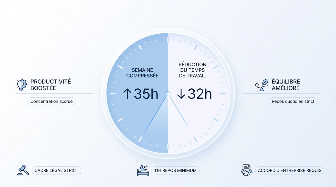 Schéma illustrant la semaine de 4 jours et l'équilibre productivité bien-être