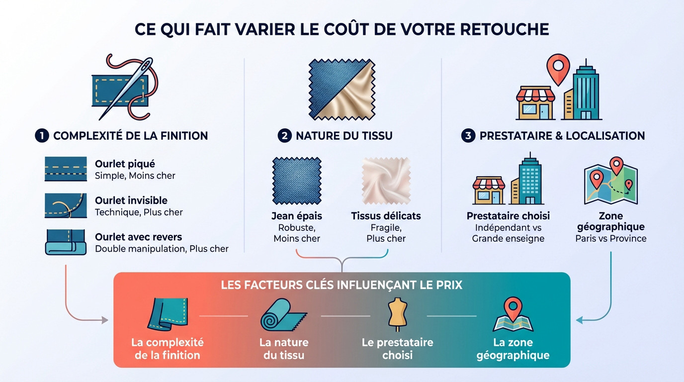 Infographie illustrant les facteurs de coût d'un ourlet : complexité, tissu et expertise