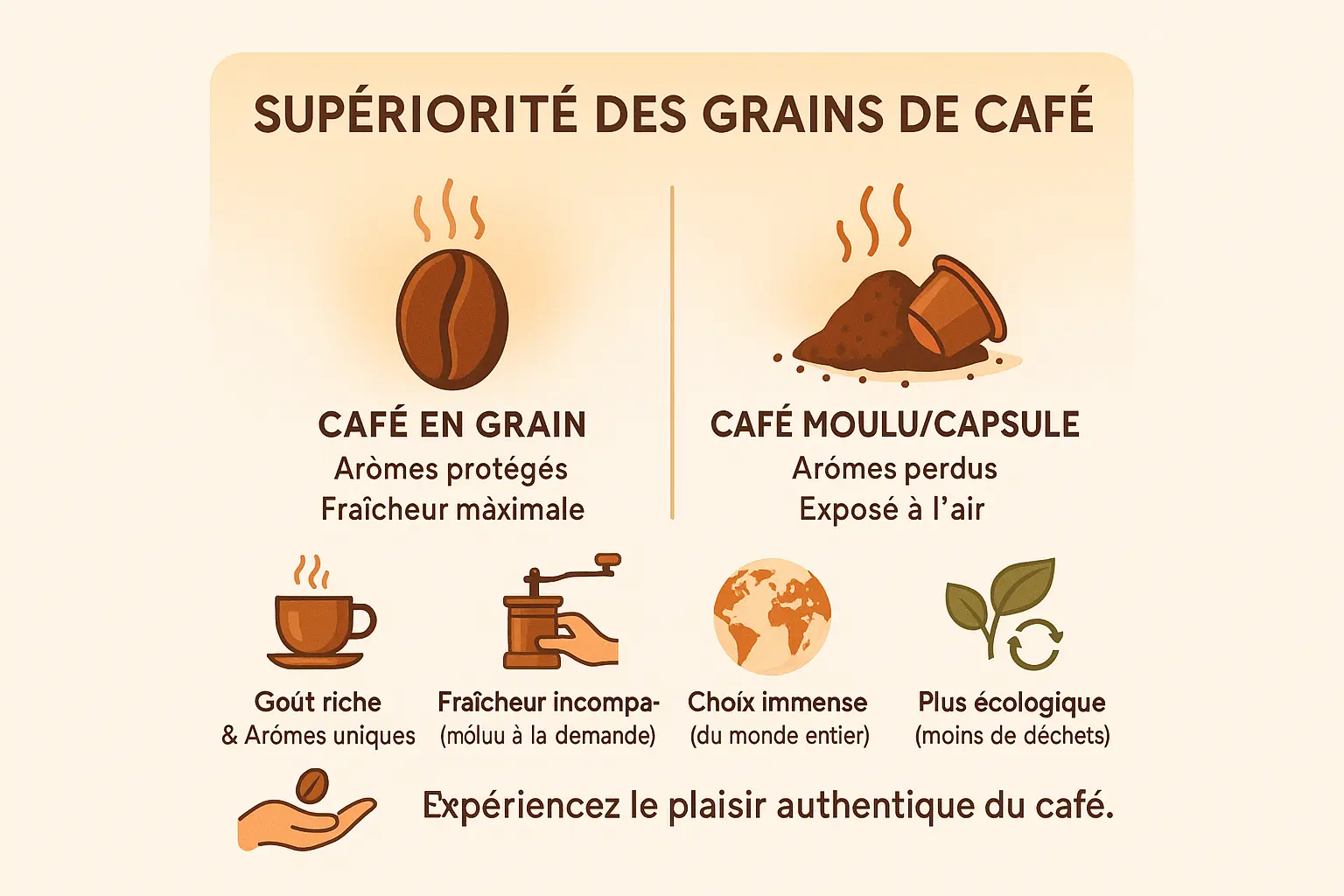 Illustration de grains de café entiers comparés à du café moulu en capsules et en poudre
