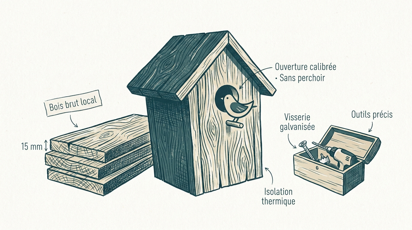 Schéma technique d'un nichoir écologique en bois brut