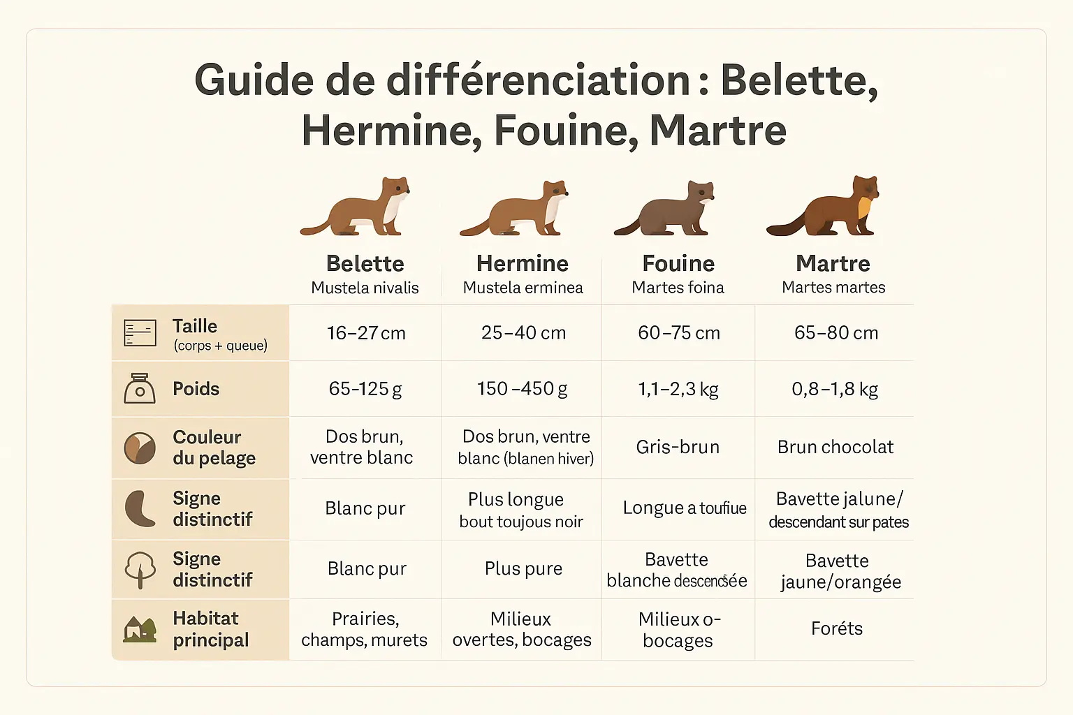 Comparaison visuelle belette hermine fouine martre