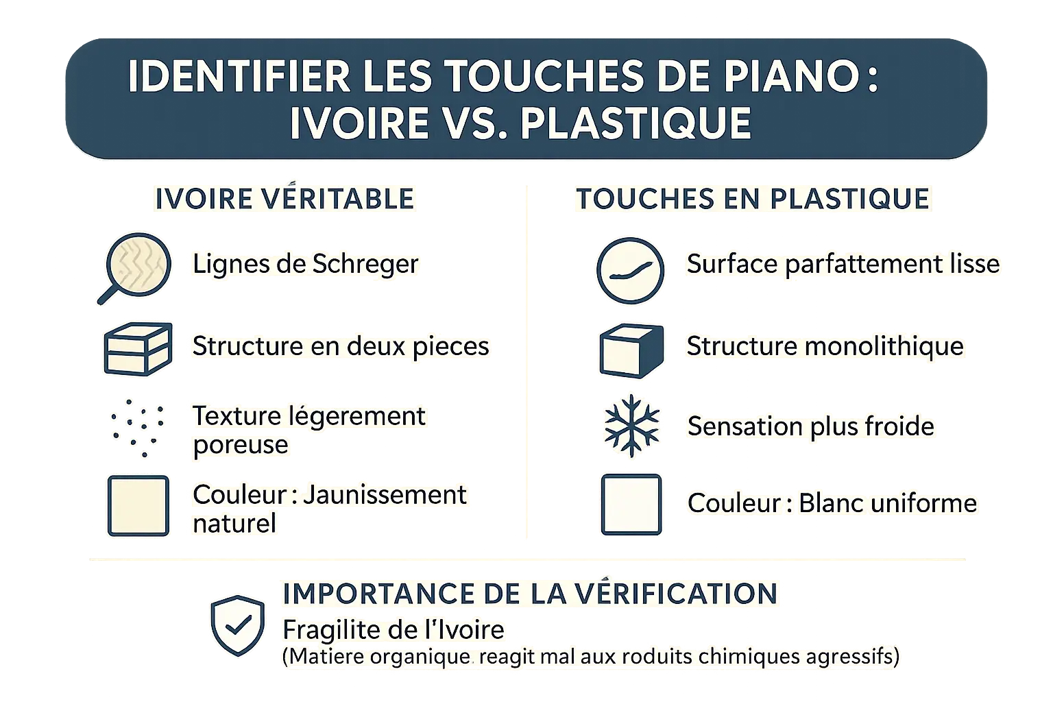 Comparaison visuelle des <strong>touches de piano en ivoire et en plastique</strong>