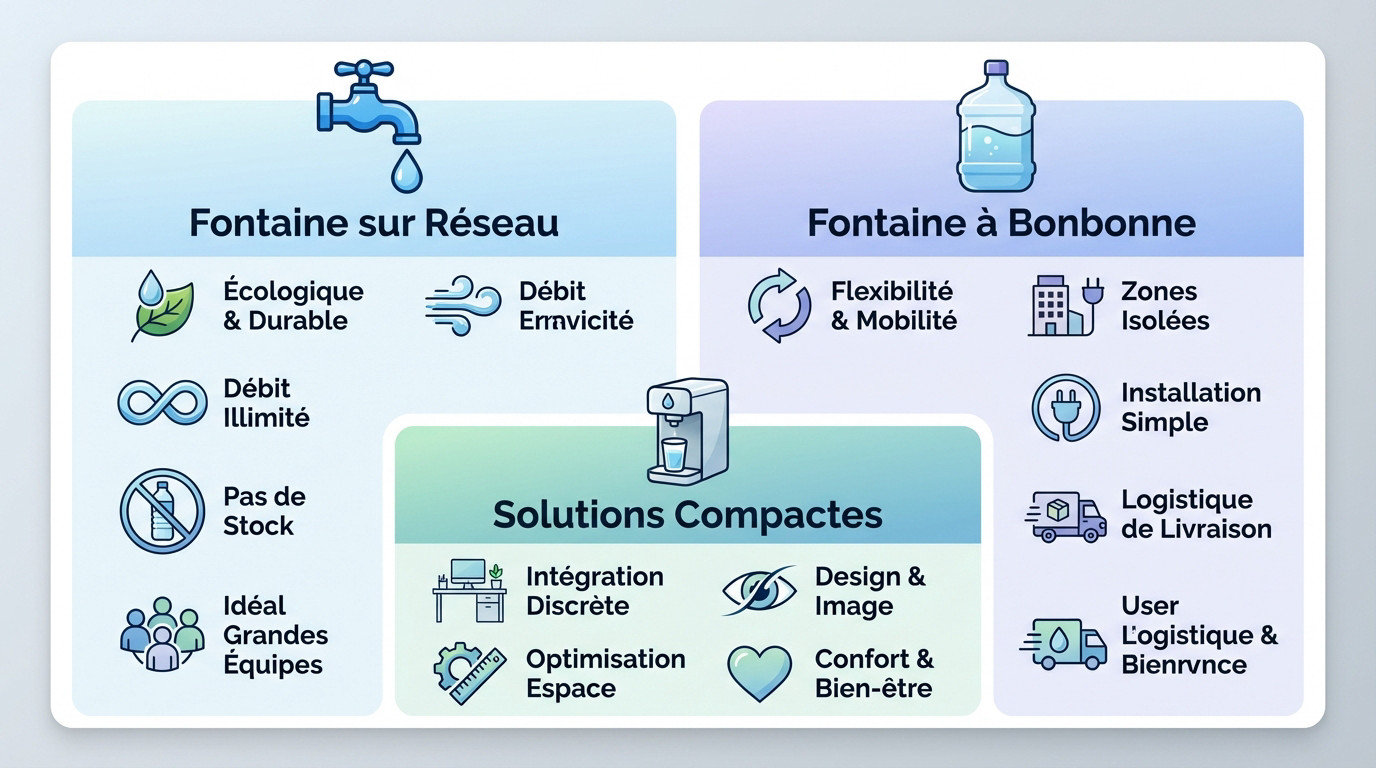 Comparatif entre fontaine à eau sur réseau et fontaine à bonbonne pour bureau