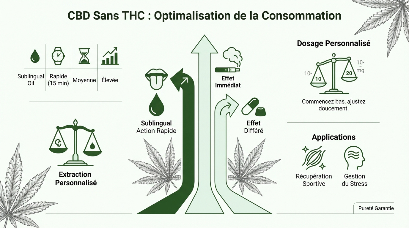 Infographie comparative des modes de consommation du CBD sans THC : huile, gélules et vaporisation