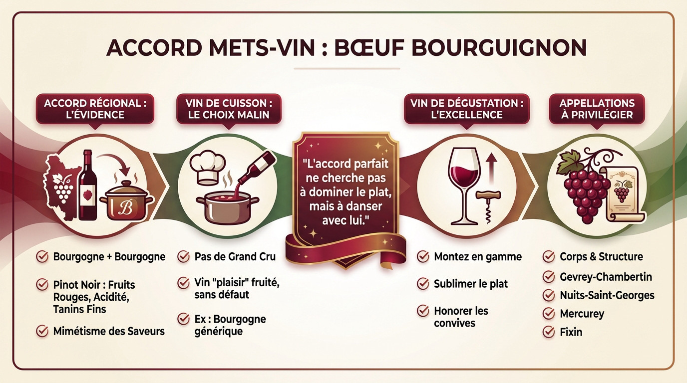 Accord met vin boeuf bourguignon avec bouteille de vin rouge et plat en sauce