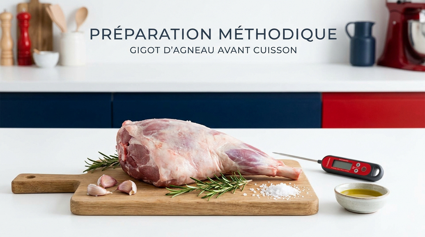 Préparation du gigot d'agneau frais avec aromates
